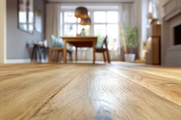A low-angle, close-up perspective showcases the inviting texture of a natural wooden floor, drawing the viewer into a bright and spacious modern interior. The foreground highlights the intricate grain