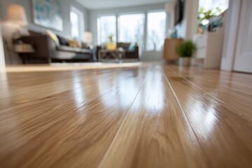 A pristine, highly polished hardwood floor extends across the foreground, capturing and reflecting the soft, natural light that fills the room. The warm, light brown wooden planks create inviting lead