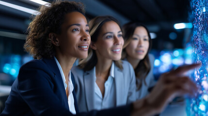 Group of businesswomen analyzing data faceless, women in suits looking at digital tech interface, modern workplace using artificial intelligence for progress, defocused background,