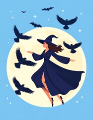 Witch Flying with Ravens in Front of Full Moon.
