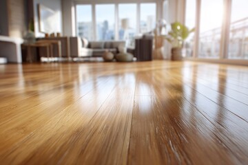 A beautifully polished natural wood floor stretches across a sunlit modern living space, captured from a low-angle perspective with a shallow depth of field. The gleaming surface reflects bright light