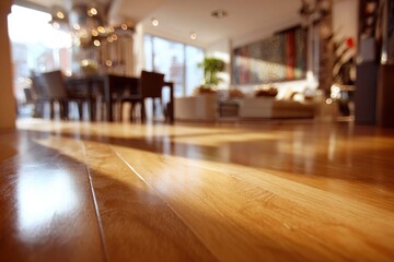 A bright and inviting modern interior showcases a beautifully polished wooden floor, prominently featured in the foreground with shimmering reflections. Natural light streams abundantly through large 