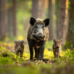 Wild Boar Family Foraging in Forest - A Mothers Love and Protection.
