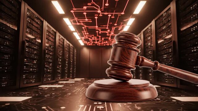 Brown gavel resting on a circuit board floor inside a server room, lit with red lights. Symbolizes legal tech innovations and digital justice systems.