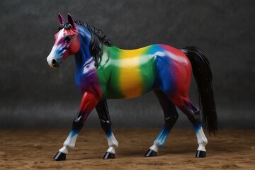 Colorful Rainbow Horse Figurine on Wooden Surface