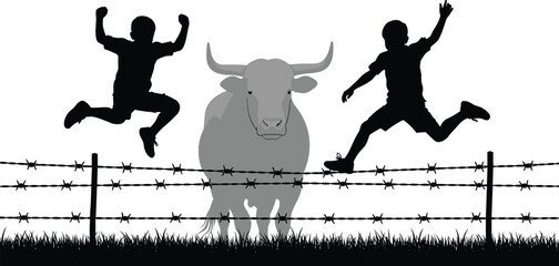 Silhouette, bull, barbed wire, danger, escape, running, fence, rural, dramatic, livestock, chase, countryside, adrenaline, jump, pasture, threat, animal, urgency, conflict, motion © Mehenaj