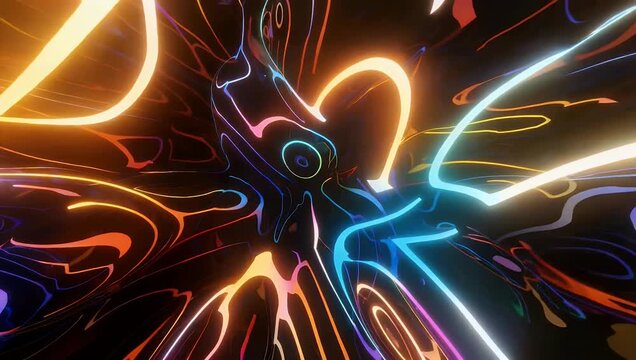 Psychedelic 4K abstract background featuring curved neon lines multiple colors glowing looping seamlessly vibrant visual 