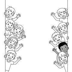 Children peeking and waving from behind a border in a vector illustration