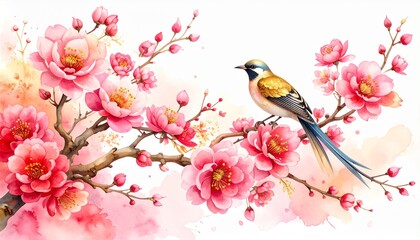 Bird perched on blooming cherry blossom branch with pink flowers