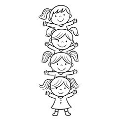 Vector illustration of five children stacked on top of each other, smiling and happy, in a simple line art style.