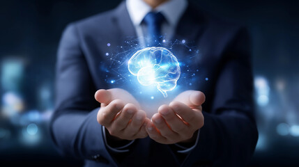 Businessman holding glowing blue brain hologram faceless, symbolizing AI technology in business and marketing, visualizes new tech data networks communication future innovation in 
