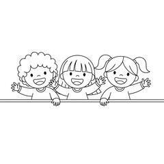 Three smiling children leaning over a surface in a vector illustration