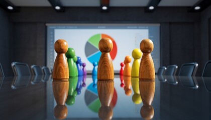 Colorful wooden pawn figures on a reflective conference table, representing diverse teams in a meeting with a pie chart, concept for business, strategy and collaboration