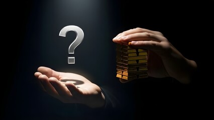 Hands holding a question mark and gold bars in dramatic lighting