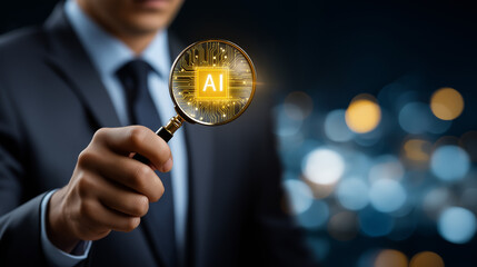 Businessman holding magnifying glass focused on AI sign faceless, yellow circuit board, artificial intelligence search concept technology data analysis, innovative future tech solu