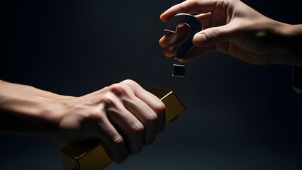Hands exchanging a gold bar and question mark in dark setting