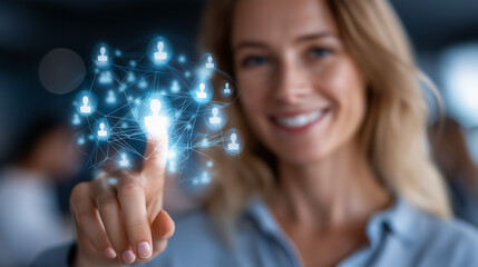 Woman interacting with digital network of people resources faceless, modern tech connects diverse profiles, manages human resources teams, global connectivity showcased, future of 