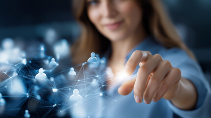 Young woman interacting with digital network of people faceless, virtual connections symbolize global communication collaboration, modern tech human interaction, sharing info resou