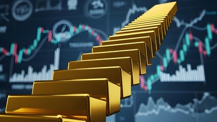 Golden staircase leading to financial graphs and stock market data