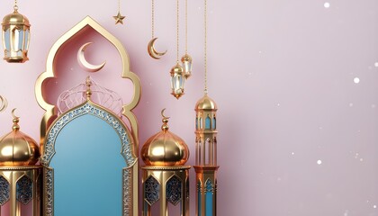 Islamic decorative lanterns and crescent moons on pastel pink background