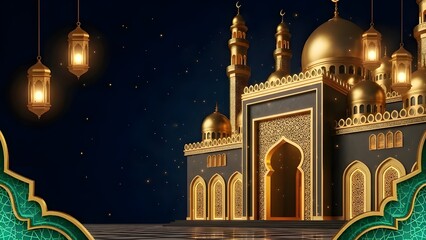 Golden Islamic mosque with ornate architecture and glowing lanterns at night