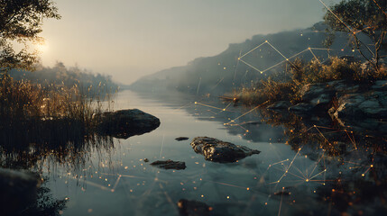 AI Artificial Intelligence for Mental Health. serene landscape with digital overlays of calming patterns and AI-generated elements, AI use in creating environments conducive to mental wellness