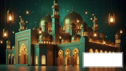 Illuminated ornate mosque with glowing lanterns at night