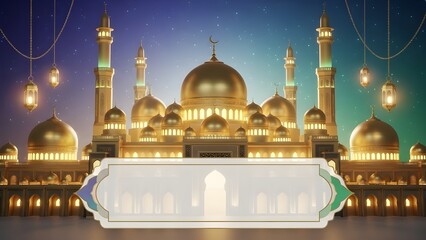 Golden Mosque with Illuminated Lanterns at Night for Festive Celebrations