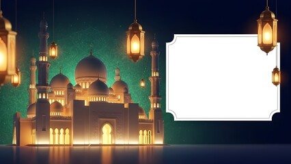 Elegant mosque with lanterns and blank frame for Ramadan greetings