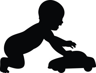Little baby infant joyfully crawling and playing with a small toy car on the floor