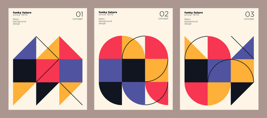 A set of a retro posters in an abstract style with a colorful geometric shapes. Vector illustration.