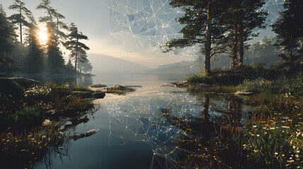 AI Artificial Intelligence for Mental Health. serene landscape with digital overlays of calming patterns and AI-generated elements, AI use in creating environments conducive to mental wellness