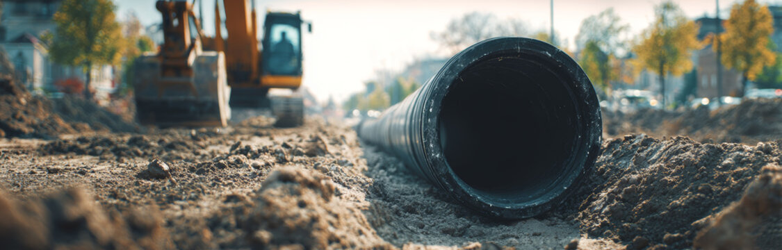 A new black plastic pipe lying in a construction site on uneven ground with soil and dirt around it