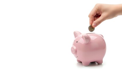 Hand inserting coin into pink piggy bank on white background for savings and financial planning concepts.