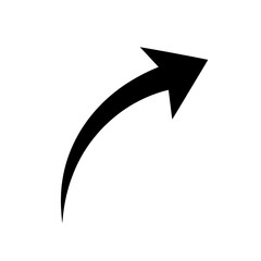 Black curved arrow pointing upward and right on white background isolated for graphic design and presentation use.