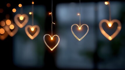 Glowing heart-shaped lights hanging against blurred background creating romantic atmosphere for Valentine's Day celebrations and love-themed decorations.