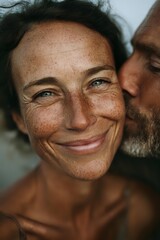 Happy mature couple with freckles sharing intimate moment, woman smiling at camera while man kisses her cheek, natural beauty and authentic love connection.