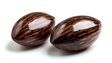 Two whole nutmeg seeds with natural brown striped shells isolated on white background for culinary spice cooking baking ingredient design projects.