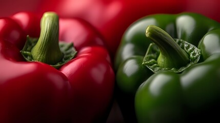 Fresh red and green bell peppers with vibrant colors and natural stems, organic vegetables for healthy cooking and nutrition concepts.