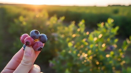 Hand holding fresh ripe grapes in vineyard at golden hour sunset with bokeh background for wine making and harvest season concepts.
