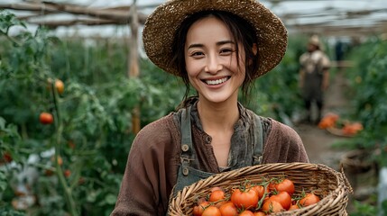 Young Asian woman farmer smiling while holding basket of fresh red tomatoes in greenhouse. Organic agriculture and sustainable farming concept.