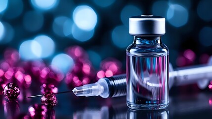Medical vial with syringe on dark background with colorful bokeh lights for healthcare and pharmaceutical research applications.