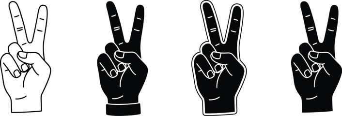 Solid and Outline Vector Icon Set Featuring Hand Gestures Showing the Peace Sign and Victory V Symbol