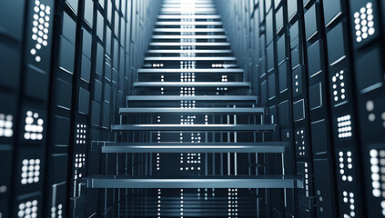 Modern data center with glowing server racks and staircase