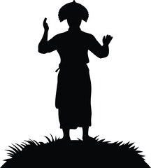 Majestic figure silhouette with unique headdress standing on a grassy mound with arms raised