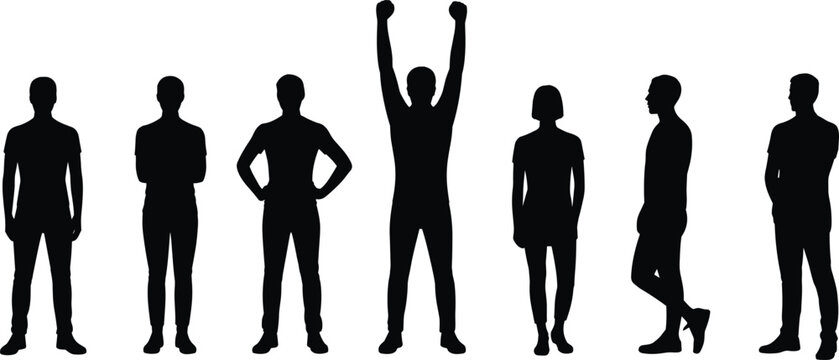 Silhouettes of people standing in varied poses, ideal for body language, behavior, and communication-themed design projects.
