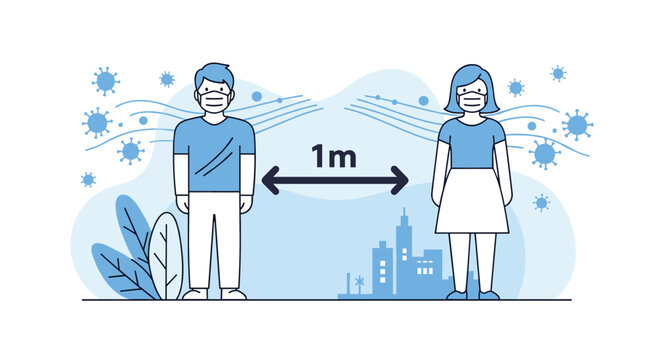 Social distancing concept features a man and woman wearing protective face masks with a one meter distance arrow marker. - Powered by Adobe