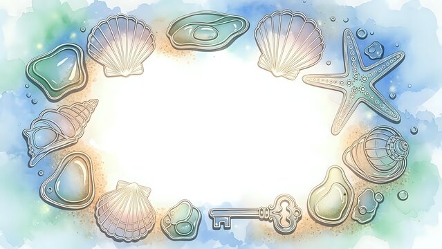 Watercolor seashells frame with starfish and vintage key creating oval border on white background for summer beach design projects and coastal decorations.