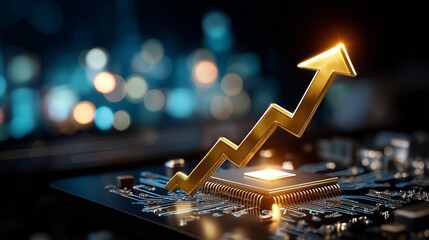Gold arrow points upward above digital circuit board, tech concept of financial success stock market chart, abstract of business growth, technology and finance concept, defocused b