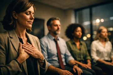 Business team mindfulness session, woman practicing breathing and gratitude with coworkers in modern office wellness workshop.